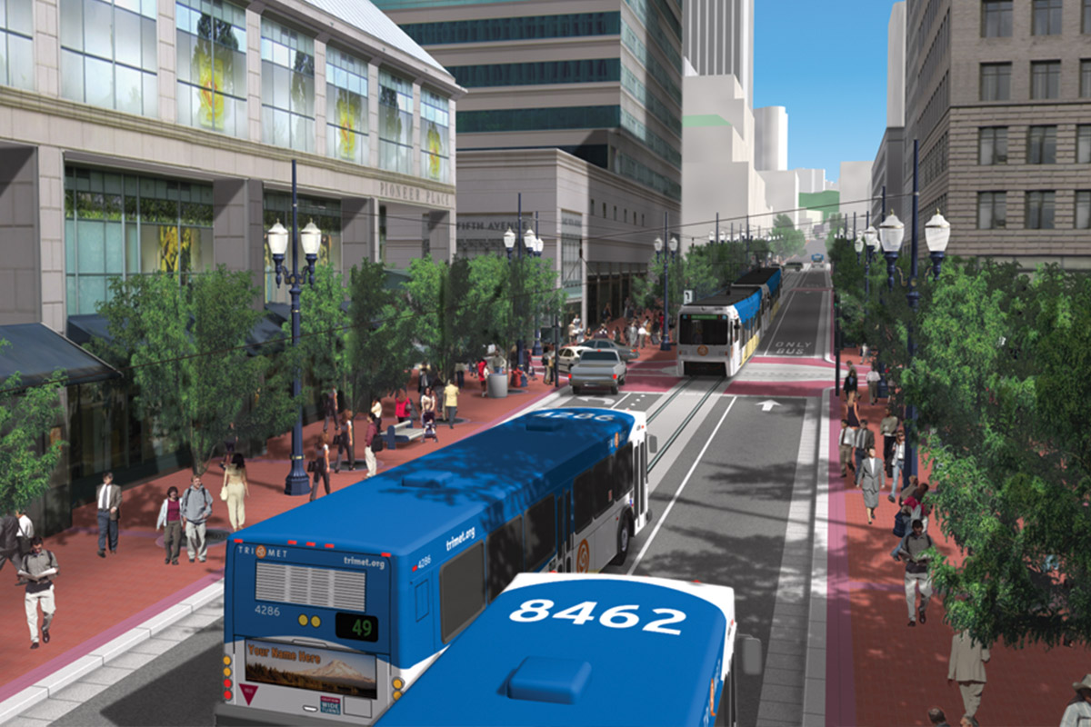 Rendering of buses on the new Mall