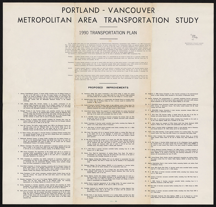 The Portland/Vancouver Transportation Plan for 1990, back view