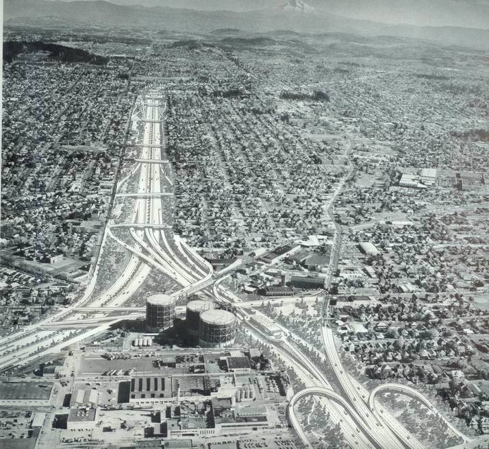 A rendering of the proposed Mt. Hood Freeway looking east towards Mt. Hood
